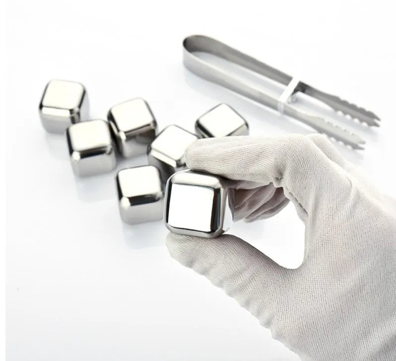 Stainless steel whiskey chilling stones in square, ball, diamond, and heart shapes with handling clip