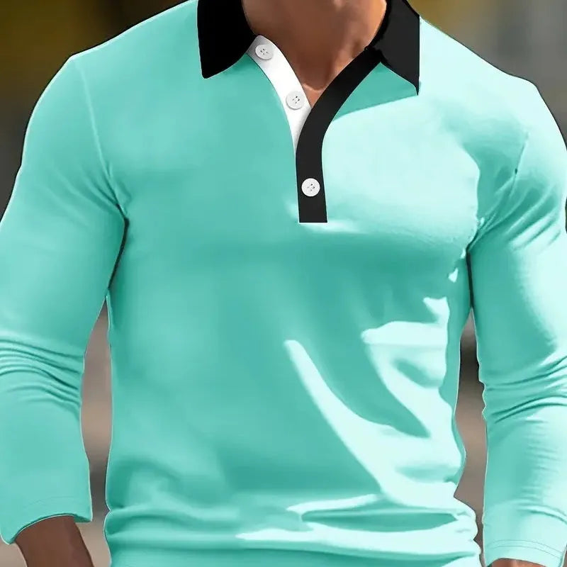 Men's loose fit long sleeve polo shirt in dark colour with button-up front and pullover design