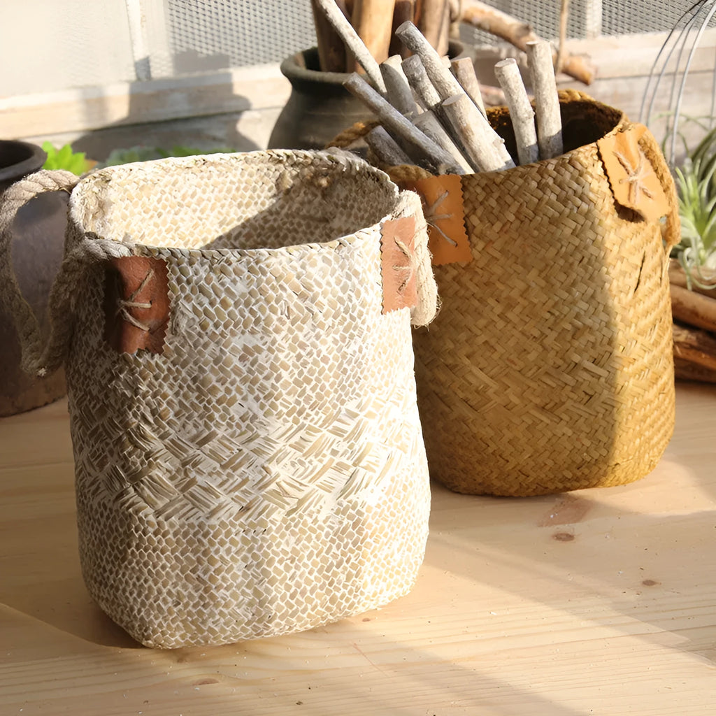 Hand woven seagrass basket in natural brown, multipurpose storage for fruits and vegetables, two sizes available