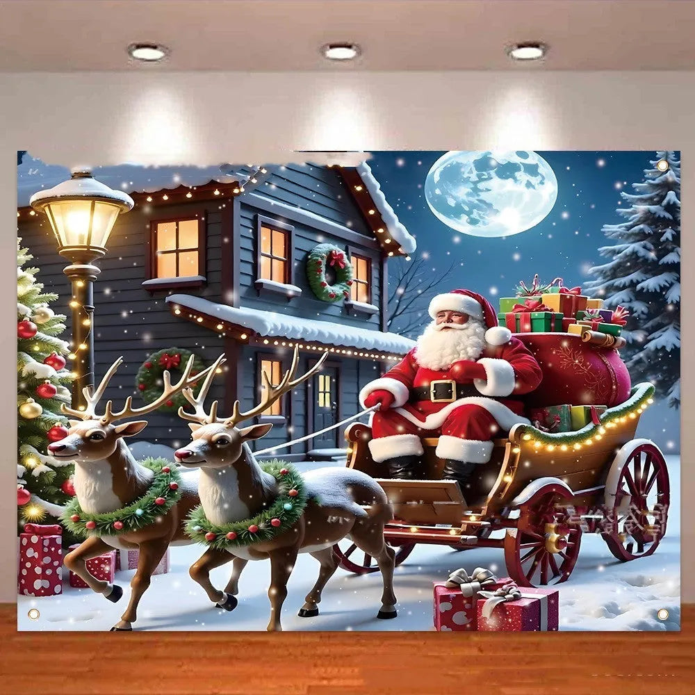 210x150cm Christmas banner with Santa Claus, night scene, and gift motifs printed on polyester fabric