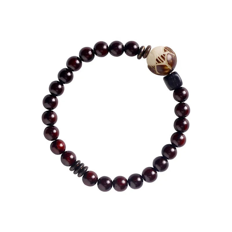 Natural rosewood double-ring bracelet with floral design and knitted construction