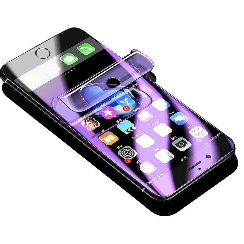 Curved hydrogel screen protector for Samsung Galaxy phone on a purple background.