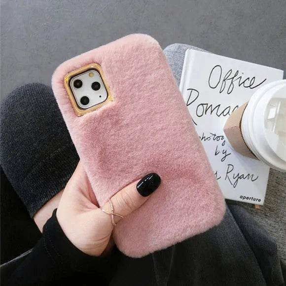 Soft rabbit plush phone case for iPhone with a removable silicone inner shell