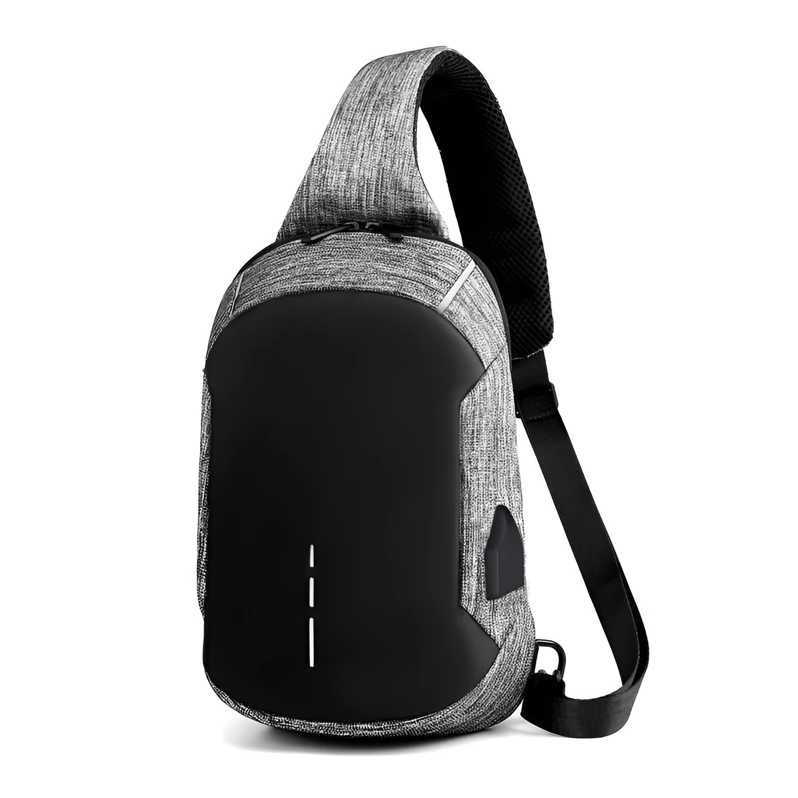 Dark blue Oxford cloth waterproof chest bag with zip and adjustable strap, shown on a person's chest.