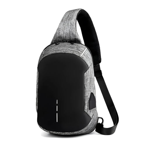 Dark blue Oxford cloth waterproof chest bag with zip and adjustable strap, shown on a person's chest.