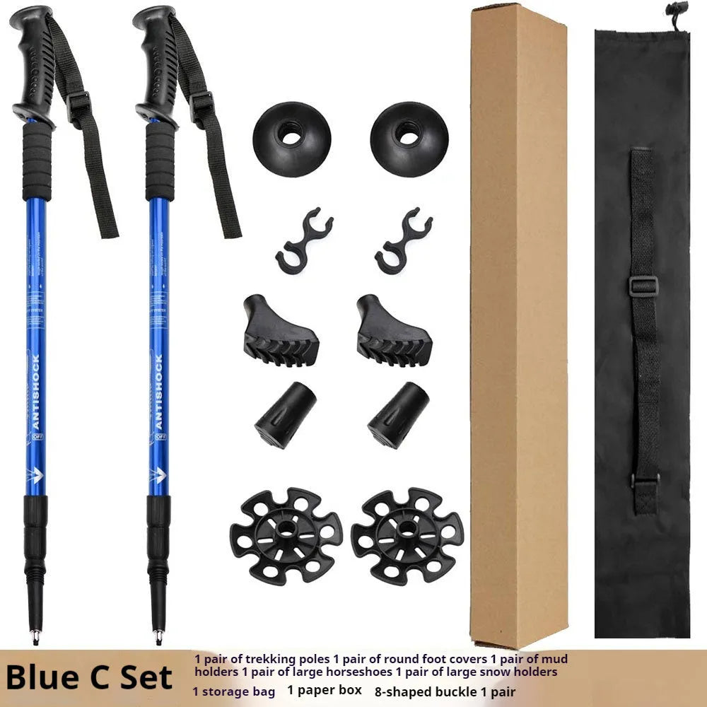 Aluminium alloy telescopic trekking poles with straight handles, adjustable from 65cm to 135cm, shown with mud supports and snow holders.