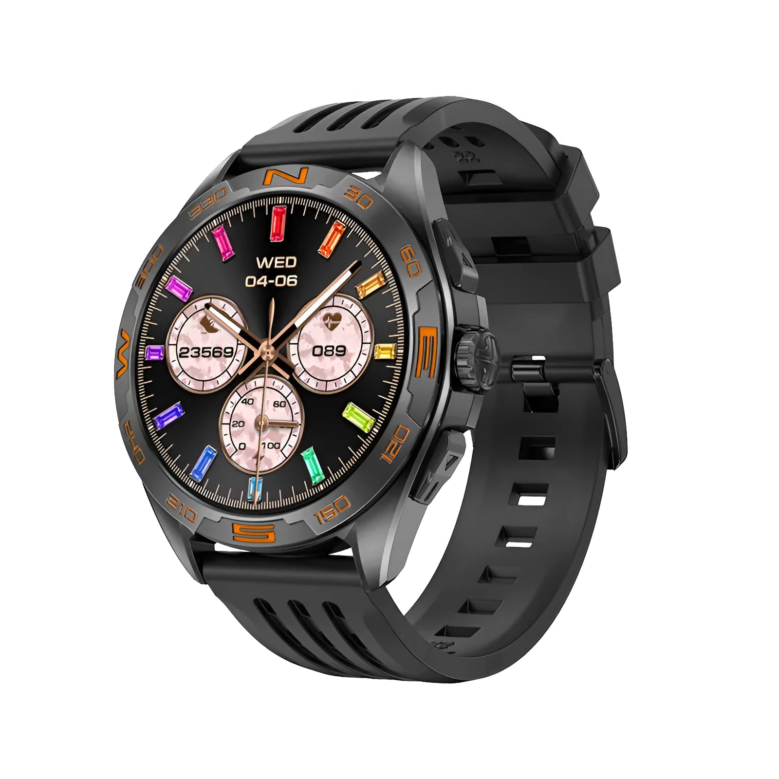 Black smart watch with touchscreen displaying heart rate and WhatsApp notification on a wrist.