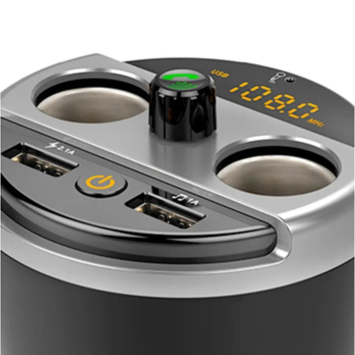 Black car cup Bluetooth MP3 player FM transmitter with dual USB ports and hands-free calling button