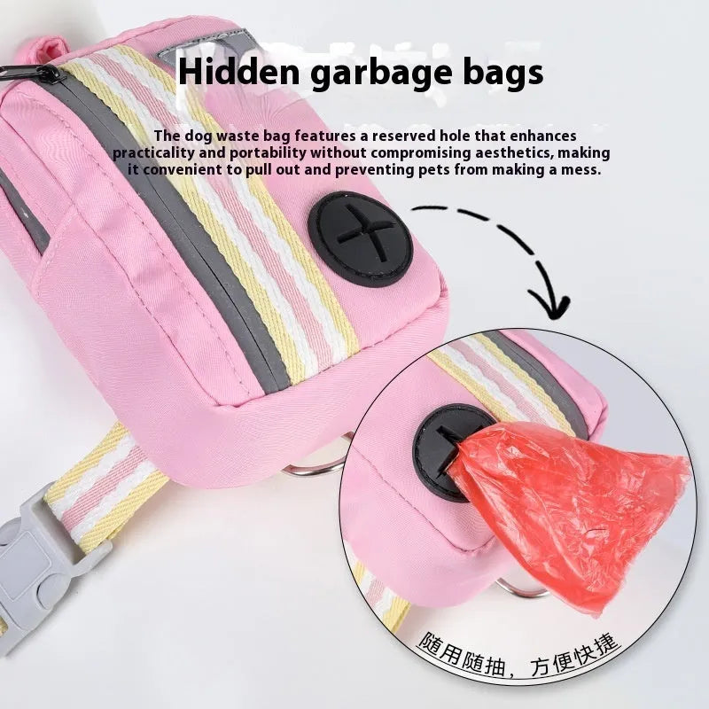 Pink explosion-proof dog harness with Y-front design and safety buckle on a dog, includes a 1.5m lead.