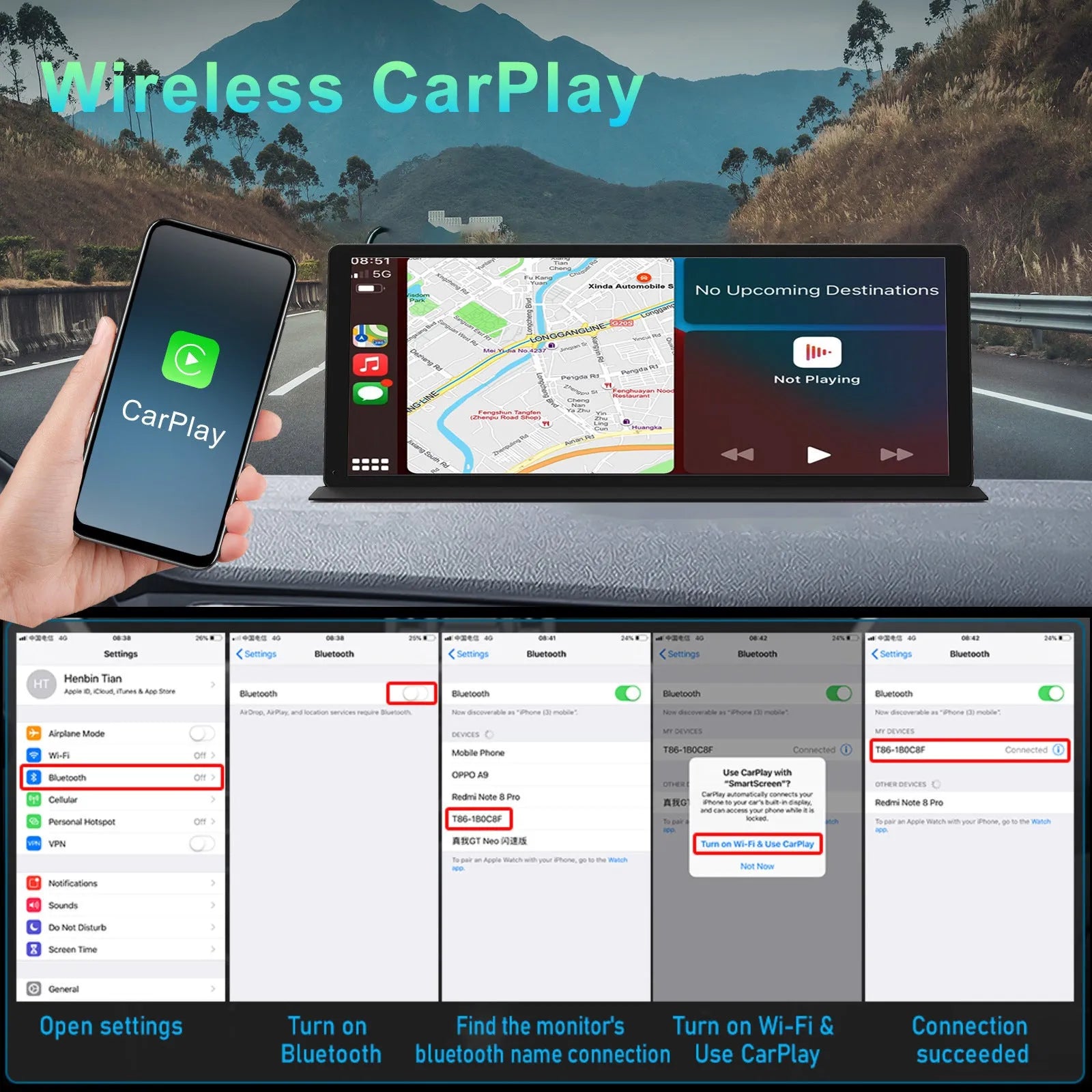 11.3 inch black plastic touchscreen dashcam mounted on center console with GPS and reversing image display