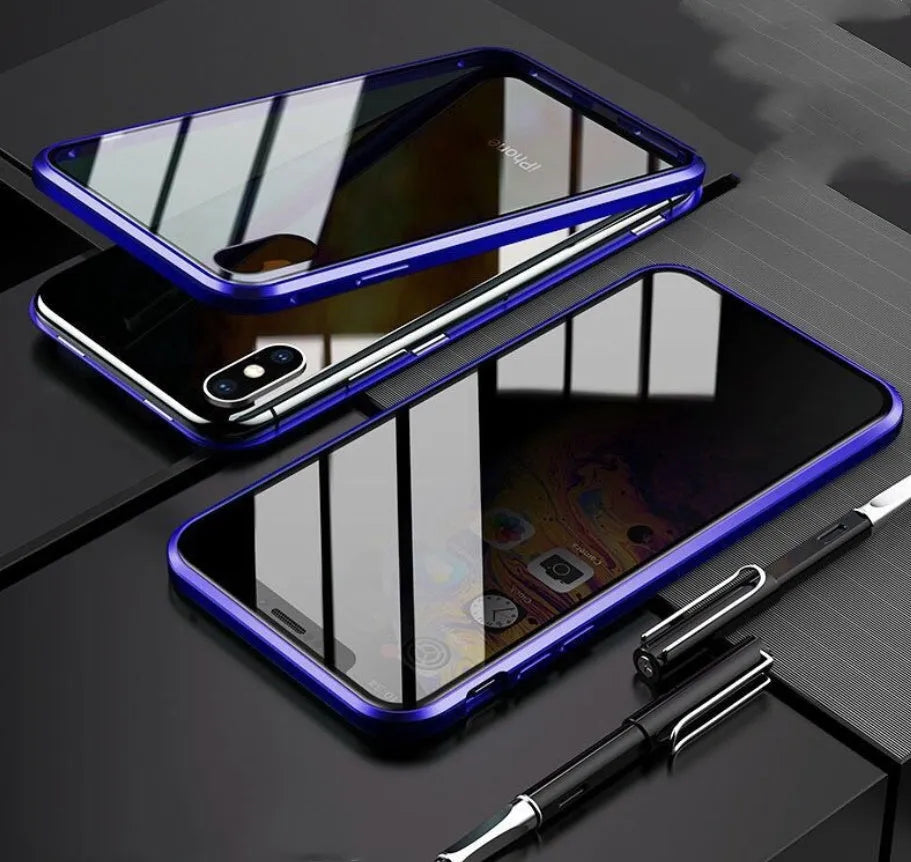 A closed clamshell phone case in blue glass with a geometric pattern, next to an iPhone showing the narrow viewing angle when open.
