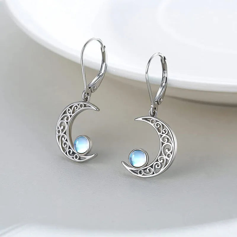 Silver moonstone drop earrings with tremella white fungus ring and hollow out moon design