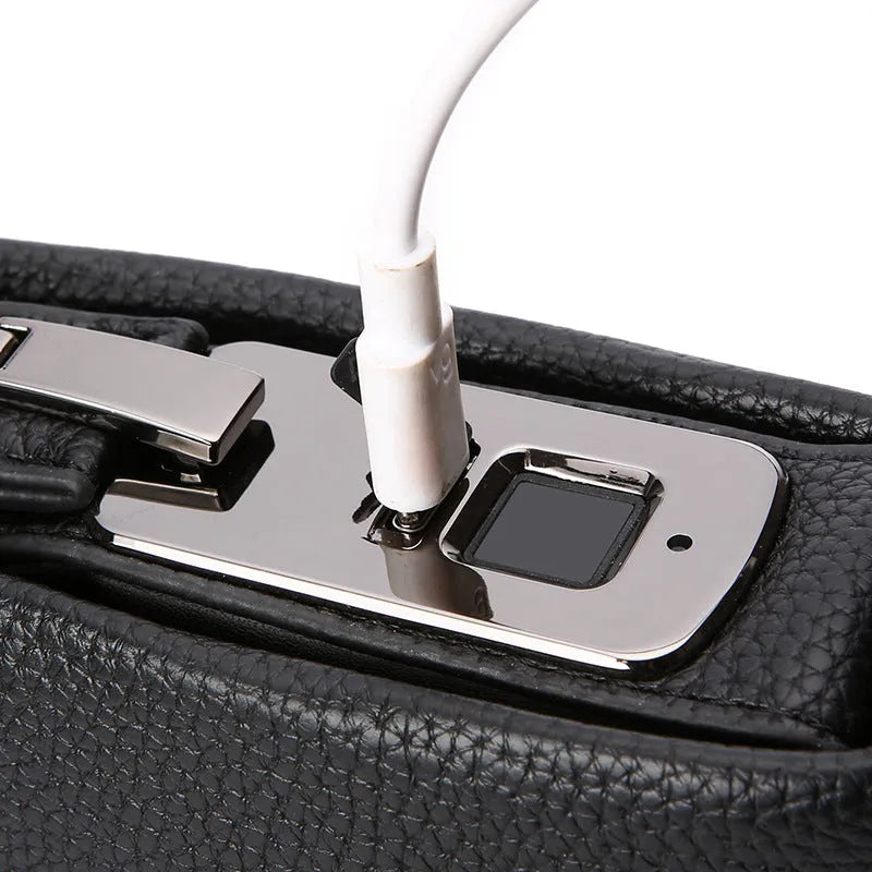 Men's PU clutch wallet with anti-theft lock, available in black or brown with combination or fingerprint lock
