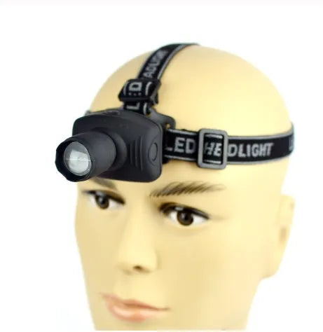 Outdoor 3W LED strong head light in black with adjustable telescopic lens and braided headband