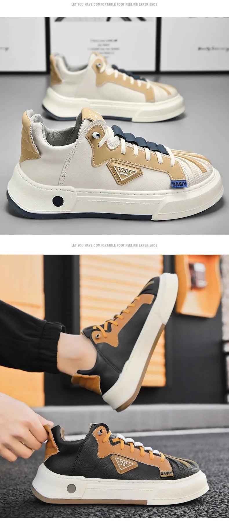 Men's beige and black low-top casual sneakers with an elastic band and round toe.