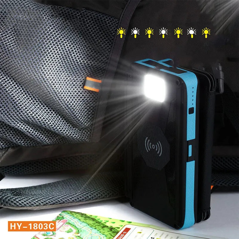 20000mAh magnetic solar power bank with wireless charging pad, IPX5 waterproof, in black