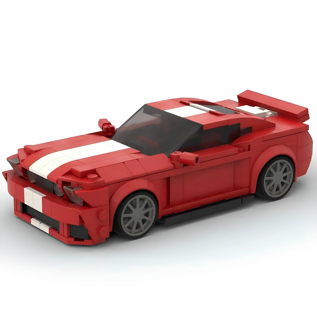 Red plastic building block model of a Ford wild horse Shelby GT500 V2 sports car on a surface