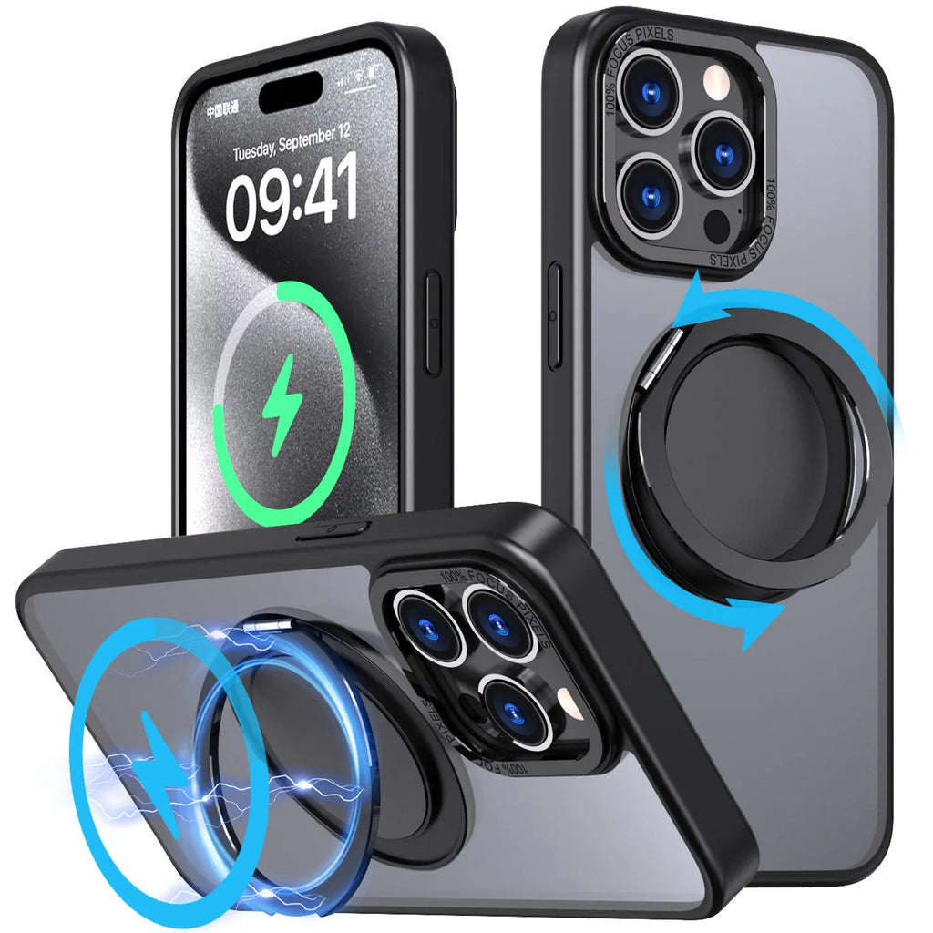Gear 360 rotating bracket protective phone case in black for iPhone 14 showing bracket extended for hands-free viewing