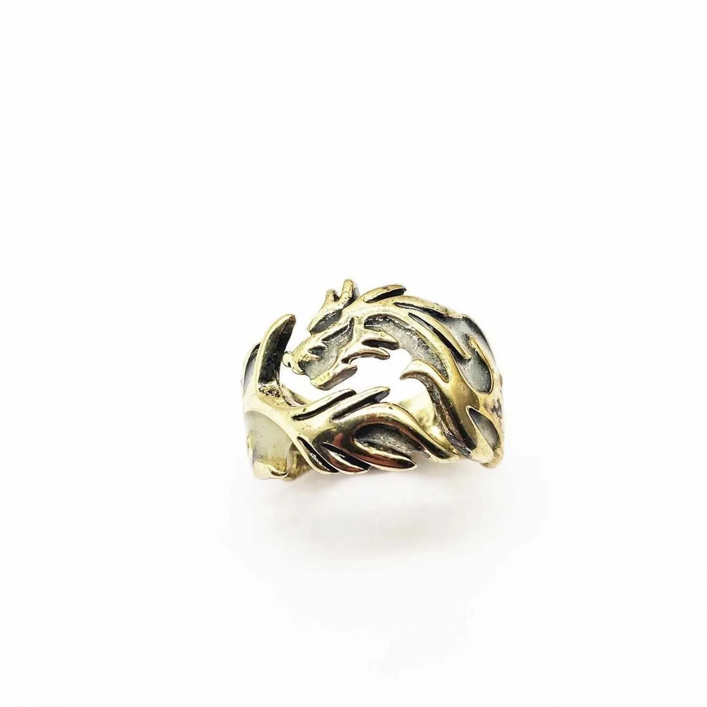 Adjustable Chinese dragon pattern ring in antique silver, blue, and green electroplated metal