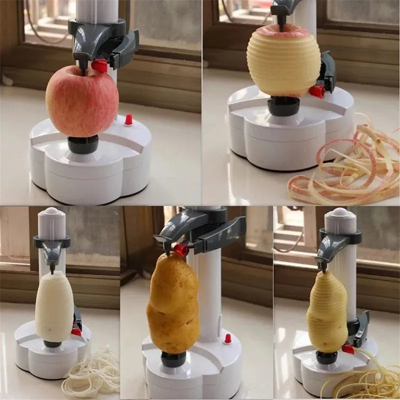 White electric fruit and vegetable peeler with stainless steel blade on a kitchen counter.
