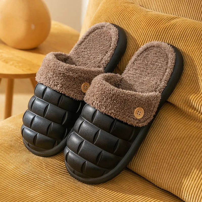Pink and grey plaid detachable slippers with a soft plush interior and a textured white EVA non-slip sole.
