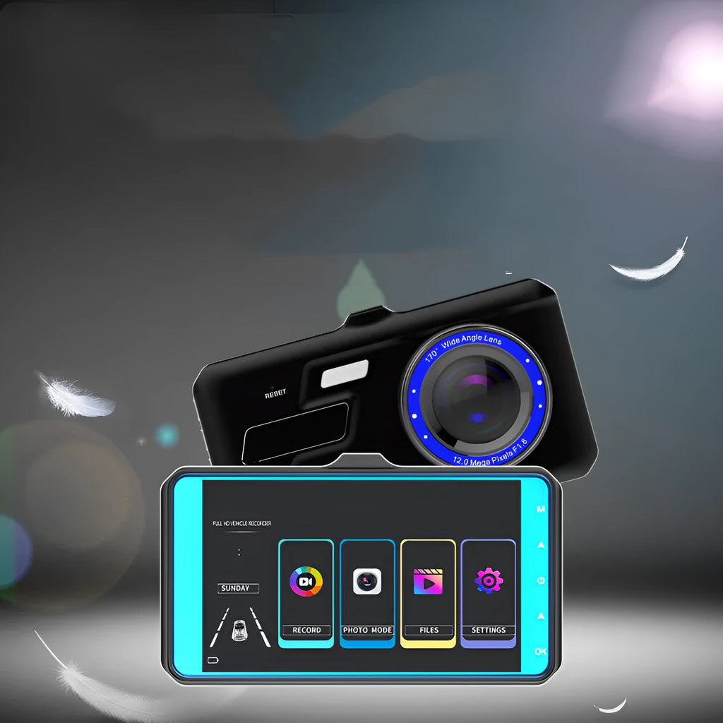 Black car dash cam with 4-inch touch screen and dual lenses for front and rear recording