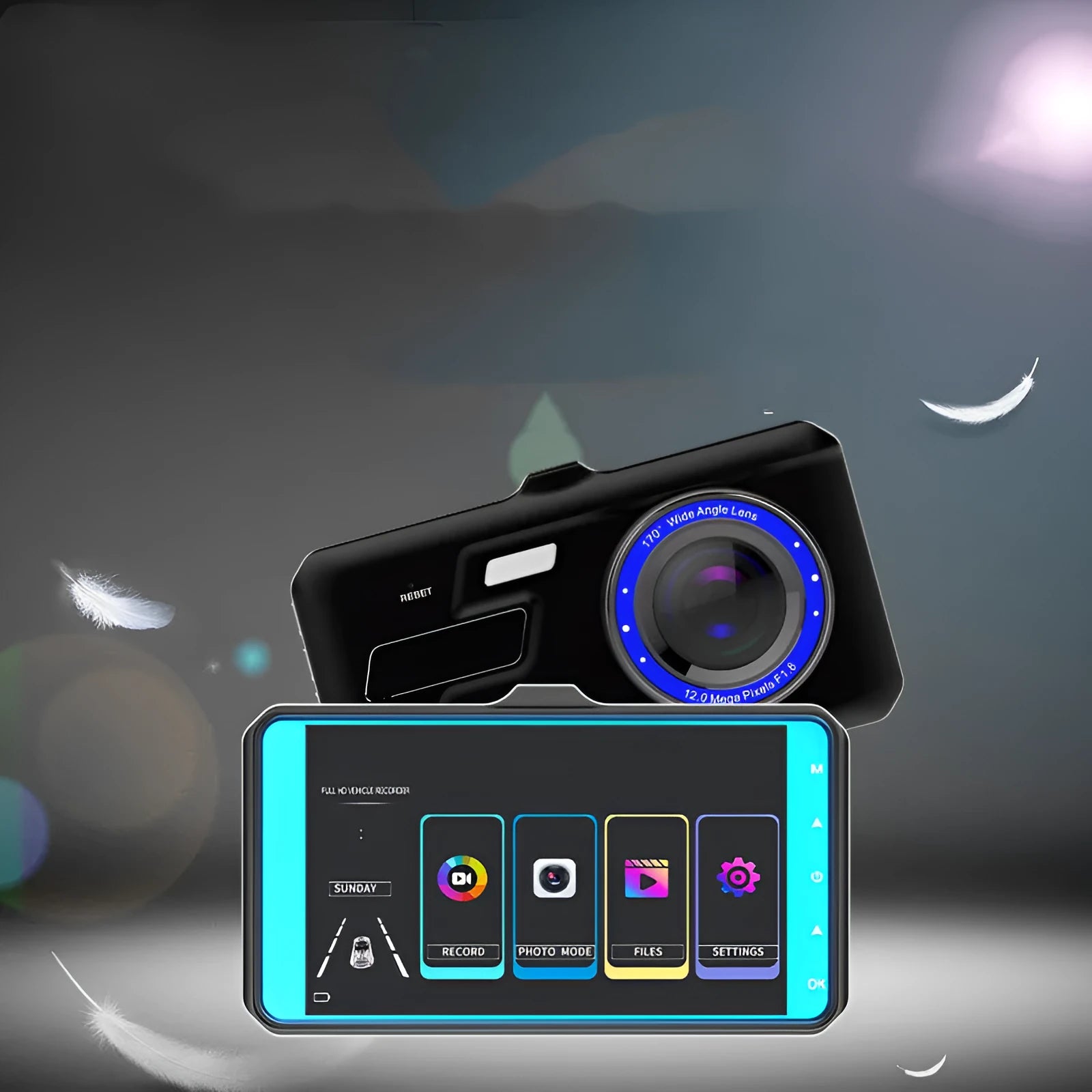 Black car dash cam with 4-inch touch screen and dual lenses for front and rear recording