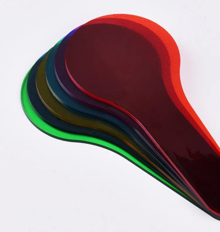 Six colourful PVC learning boards for children, showing red, yellow, blue, green, orange, and purple