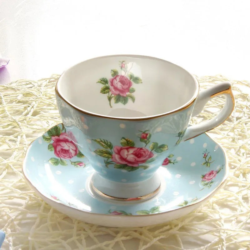European porcelain coffee cup and saucer set with pastoral style pattern in assorted colours