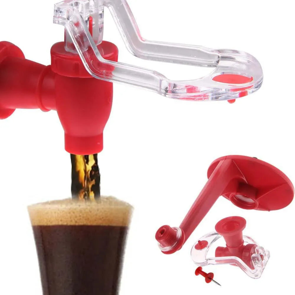 Red plastic Magic Tap soda dispenser attached to 2-liter bottle showing push-in tap mechanism
