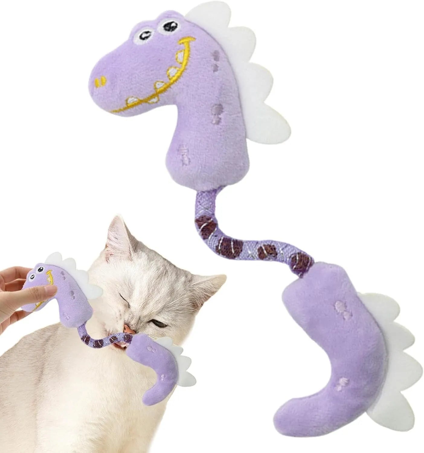 Set of four cat chew toys including plush mouse, fish, bunny and catnip rope toys for teeth cleaning