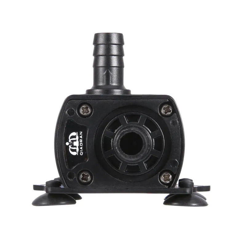 Micro brushless DC submersible pump in black with USB cable, 8mm inlet and outlet, and rubber suction cups
