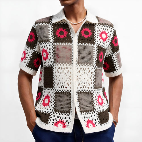 White crochet sweater dress with retro ethnic hollow pattern and short sleeves