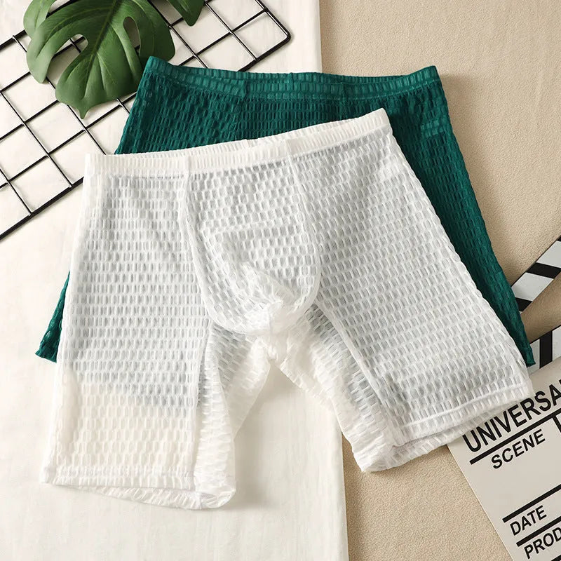 Men's lace shaping boxer underwear in white, black, rose red, green and light purple colours.