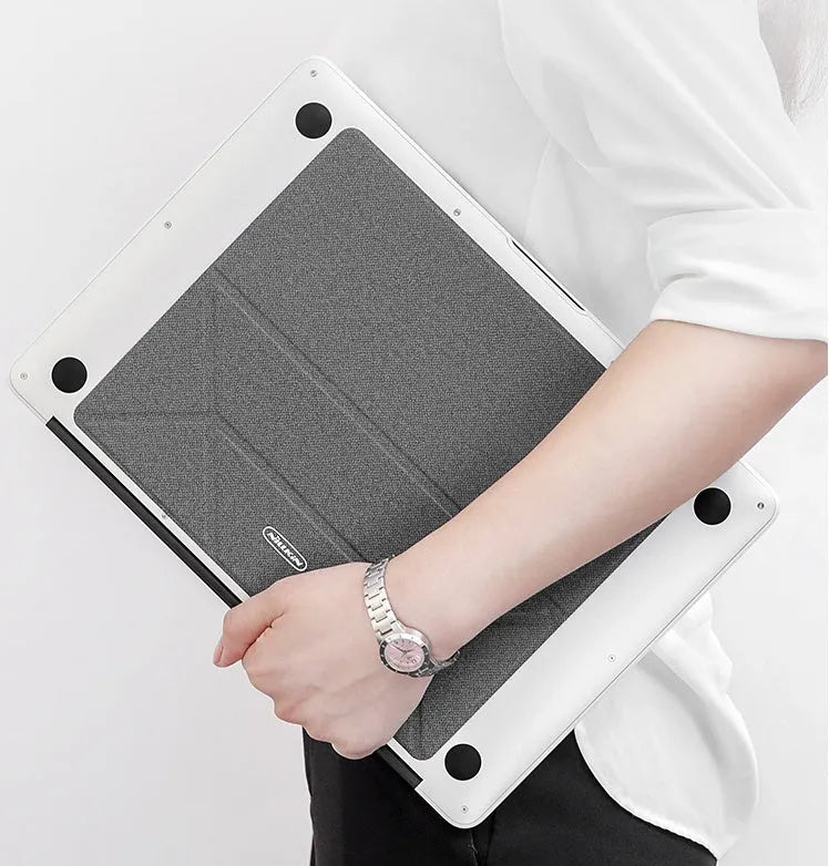 Blue portable laptop cooling bracket with anti-slip surface, shown open in use and folded for storage.