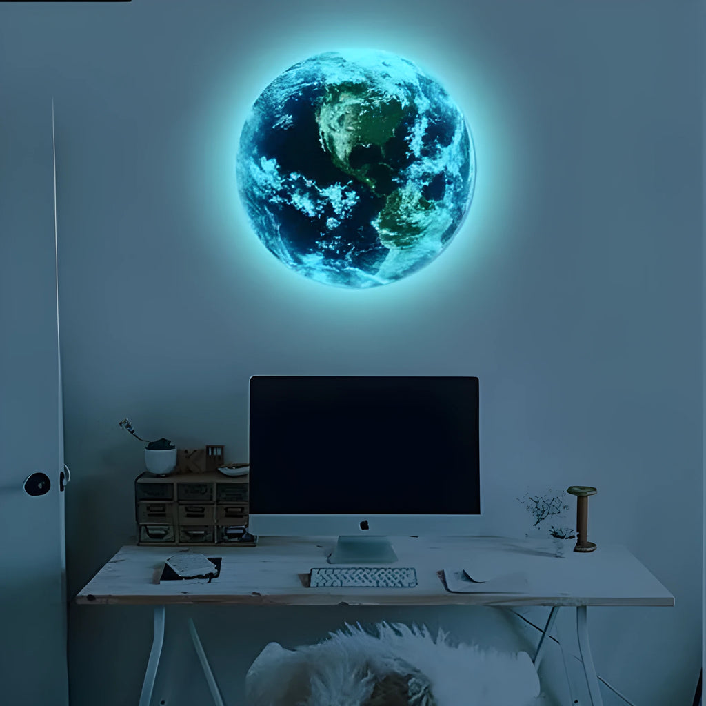 3D Earth wall sticker glowing in dark on bedroom wall, showing luminous planet detail