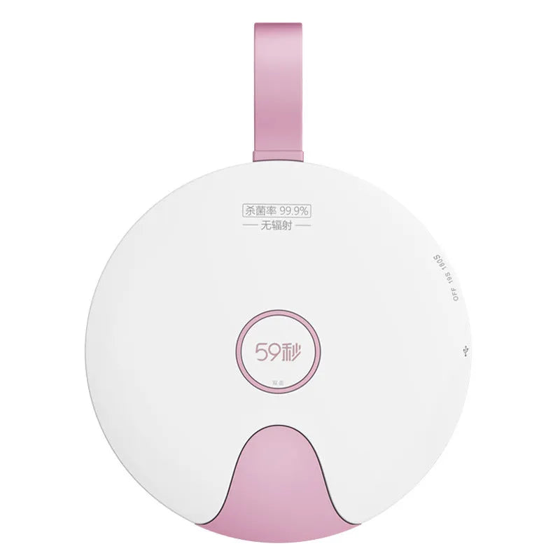 Portable baby bottle steriliser showing compact blue design with USB port and measuring 163.6mm long