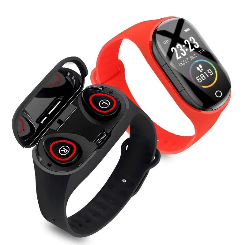 Smart bracelet with integrated wireless earphones on a silicone strap, showing a 1-inch screen.
