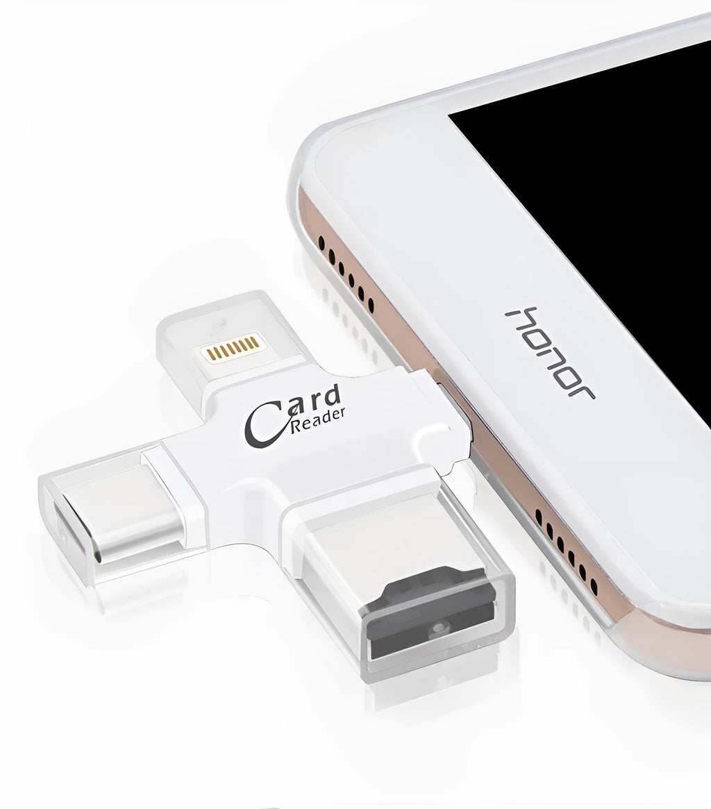 Four-in-one multi-function mobile phone card reader with USB 2.0, shown in white and black colour options