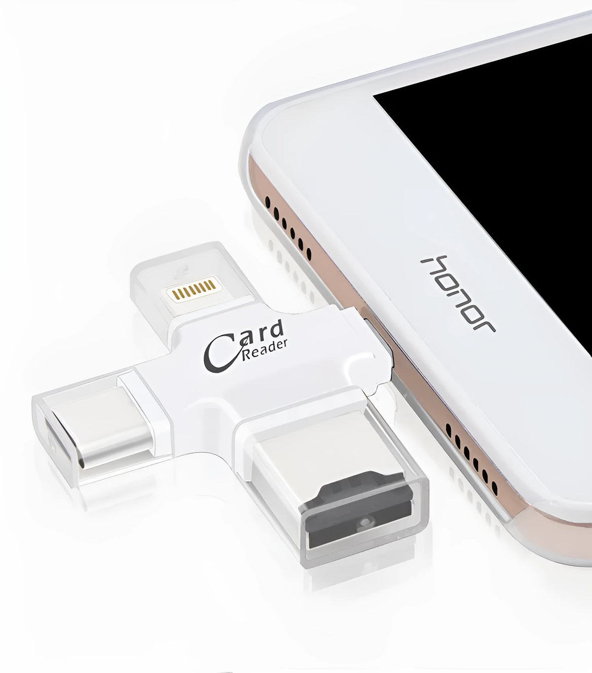 Four-in-one multi-function mobile phone card reader with USB 2.0, shown in white and black colour options