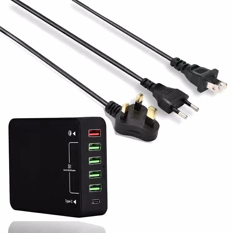 Black multi-port USB mobile phone charger with 8000mA current, 5V output and AU EU UK US model options