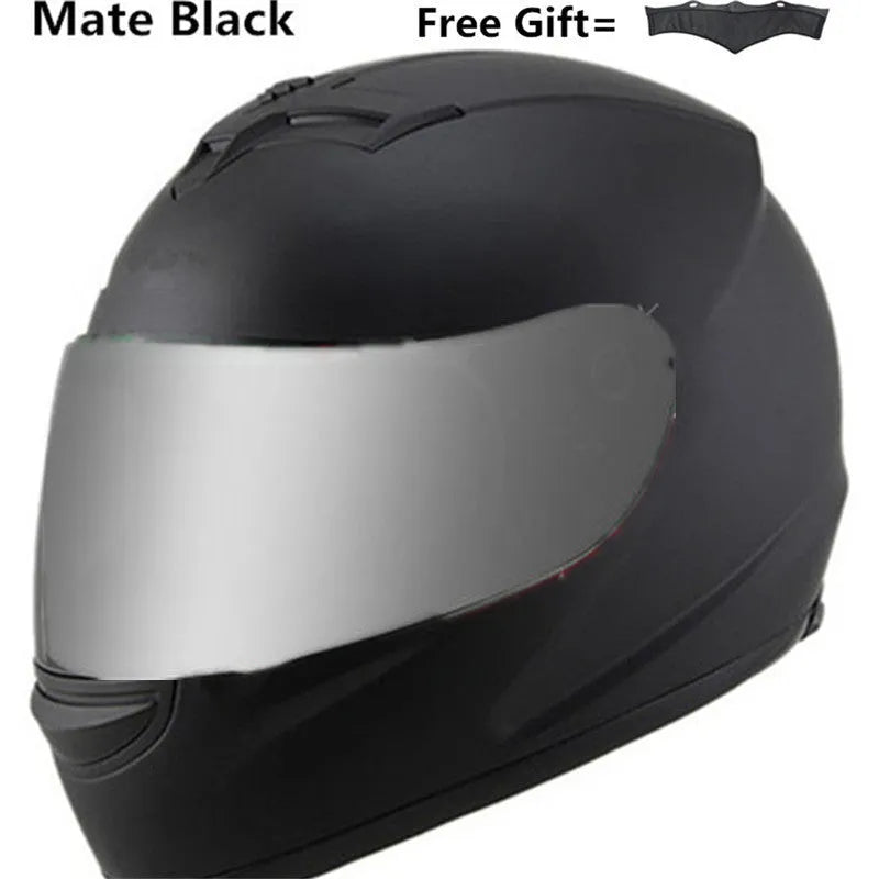 Men's full face motorcycle helmet in Black Silver with transparent visor and chin strap