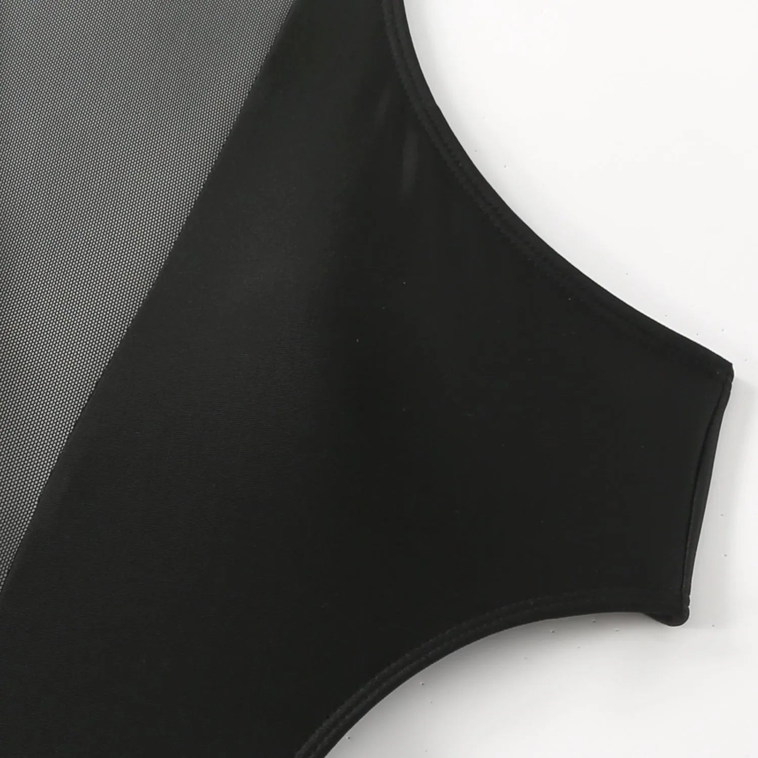 Black one-piece swimsuit with nude back design and hollow-out detailing on female model