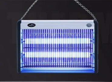 Electric mosquito killing lamp with UV light tube and internal grid for indoor fly and insect control.