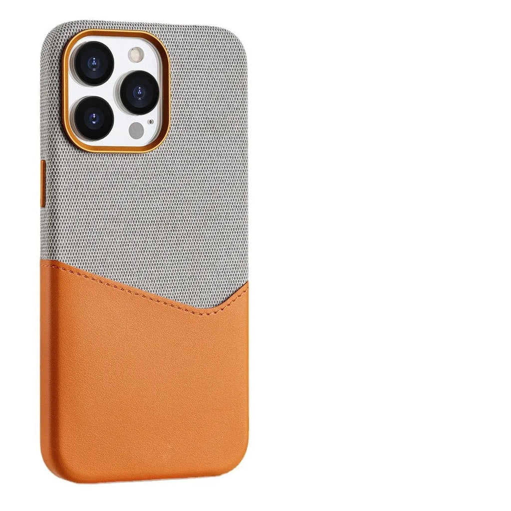 Imitation leather phone case with magnetic card slot, available in black, brown, pink and orange for iPhone 12-15 series.