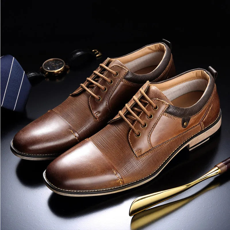 Pair of men's brown cowhide formal leather shoes with rubber soles, lace-up style, sizes 8 to 13