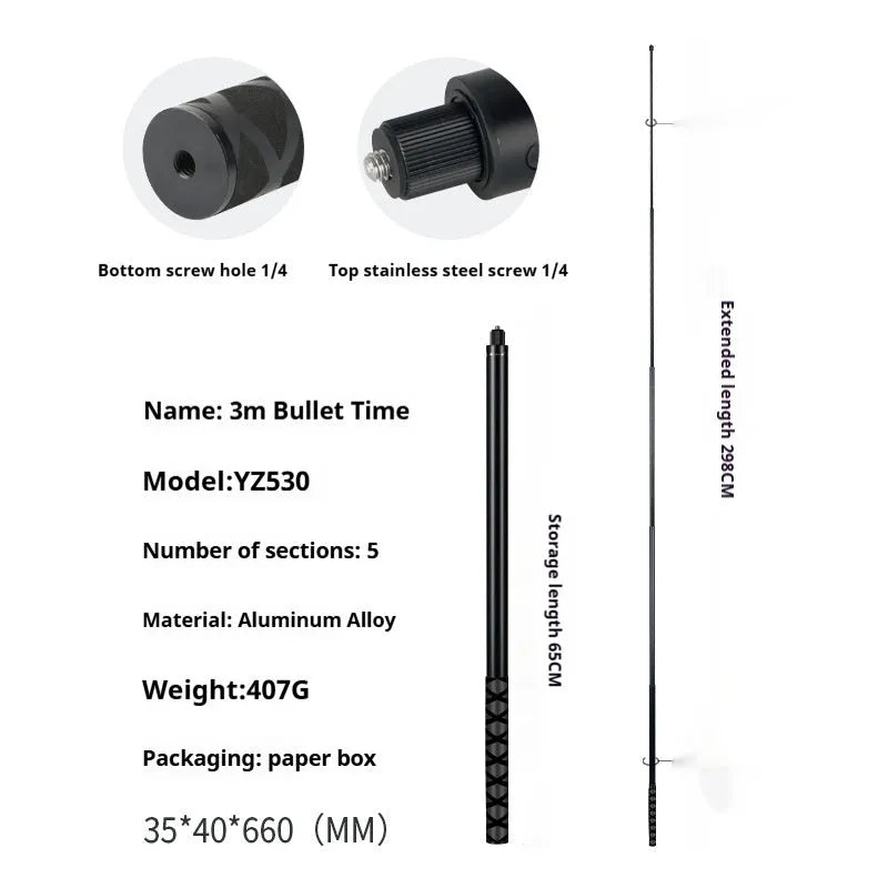 360 selfie stick with rotating handle, aluminium alloy and carbon fibre rod options, 0.7m to 3m lengths