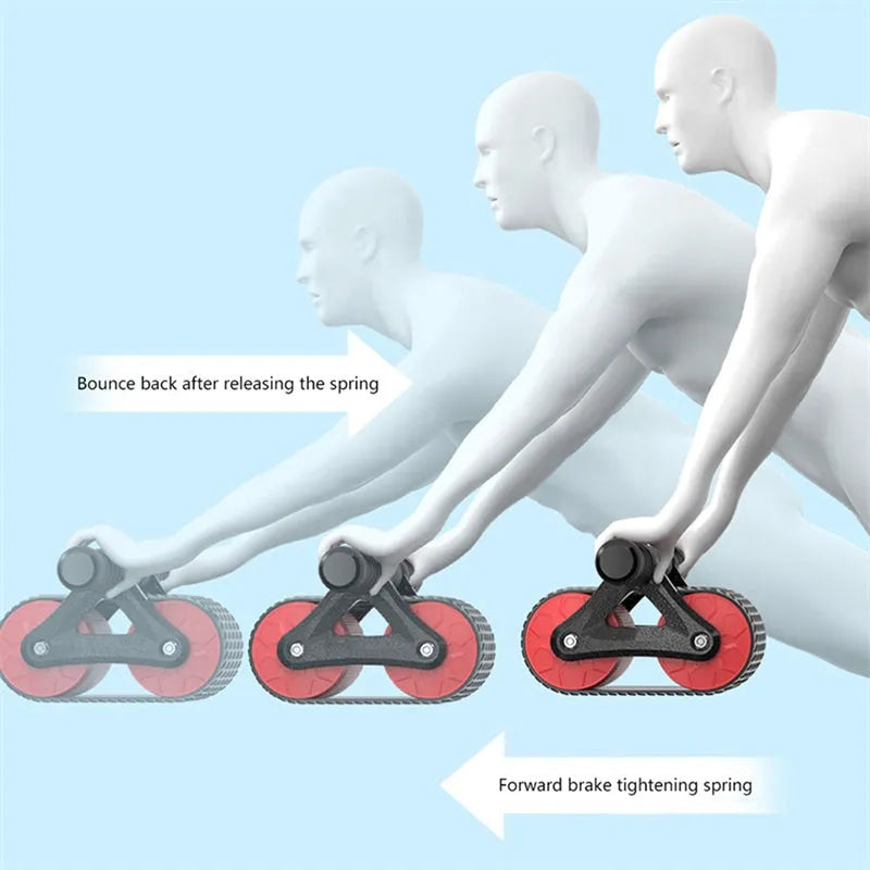 Double wheel abdominal exerciser with automatic rebound and blue kneeling pad on a dark surface