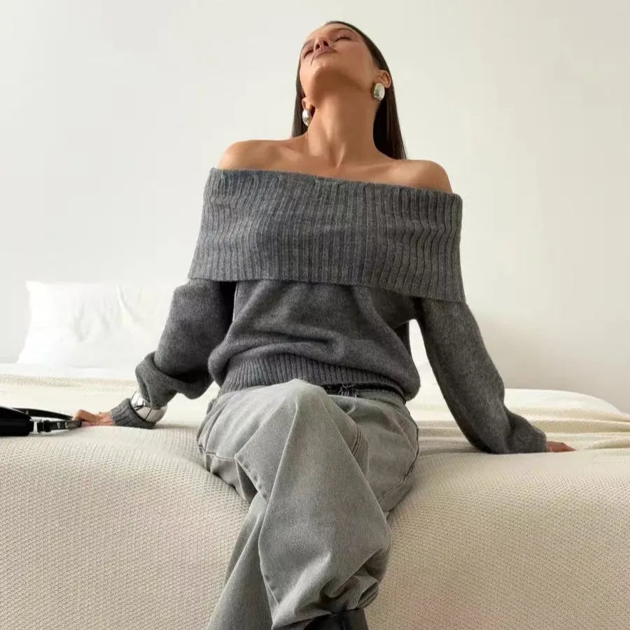 Grey off-the-shoulder acrylic sweater with strapless design and 3D pattern texture