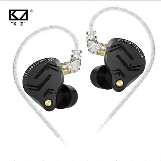 Black wired in-ear monitor earphones with changeable wire, replacement core, tool, cable, manual, and box.